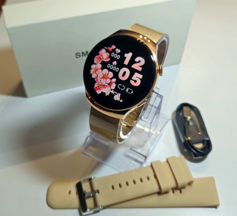 Nowy Elegancki Smartwatch Złoty Zegarek Damski Bransoletka RozmowyPuls