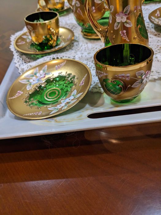 Хрусталь Богемия лепка кофейний сервіз зелений  на 6 персон