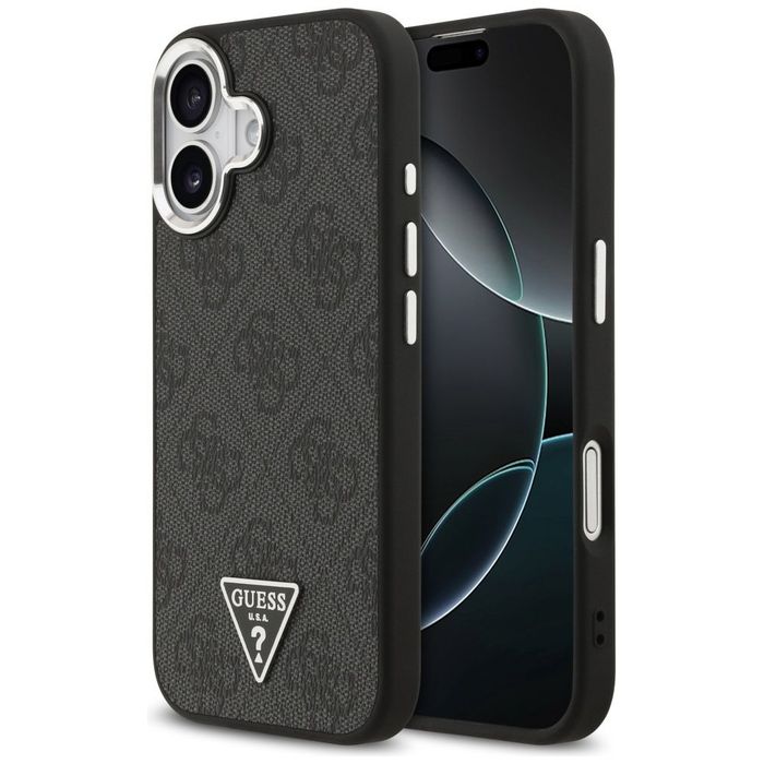 Guess Nakładka Magsafe 4G PU Leather Case With Triangle Logo And Silver Metal Camera Frame Do iPhone 17 Czarna