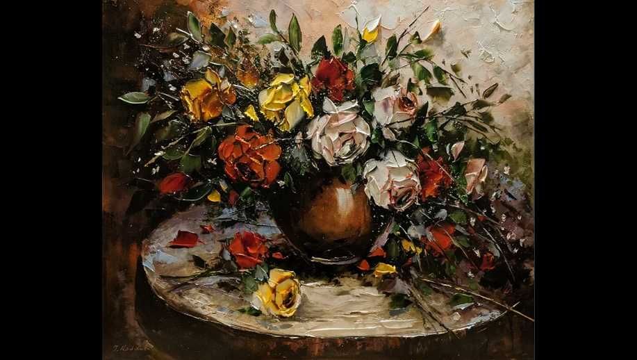 Kowalik - Bukiet róż - 60x50cm Róże Kwiaty Obraz Olejny Faktura