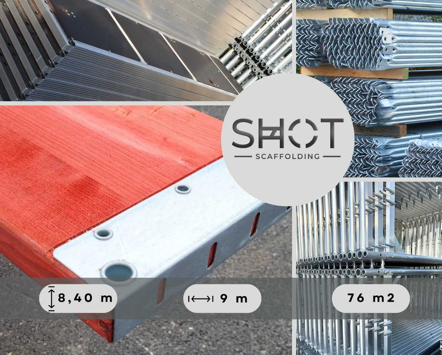 Nie używane aluminiowe rusztowanie 8,4x9=75m2Plettac drewniane podesty