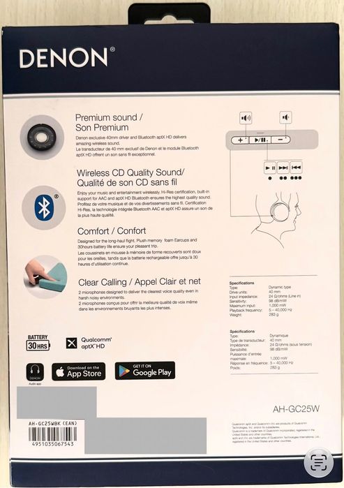 Auscultadores Bluetooth Denon Ah-Gc25W- novos, 3 anos de garantia