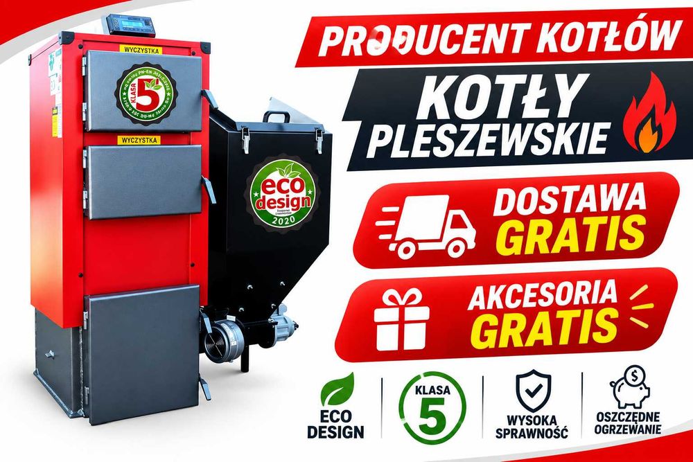 KOCIOŁ 15 kW Z Podajnikiem Paliwa do 150m2 Piece c.o. na WĘGIEL GROSZEK Klasa 5 Ecodesign Pleszewskie Kotły Nowoczesny Piec Centralnego Ogrzewania