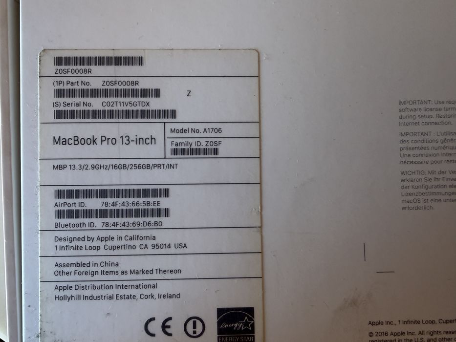 Macbook Pro 13” 2.9GHz i5 16Gb RAM 256GB armaz.