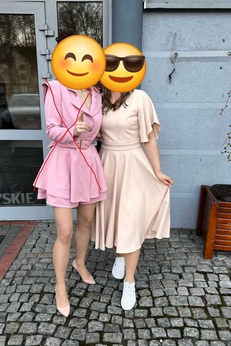 Duet Luna - rozkloszowana elegancka sukienka midi beżowa - r. 40 - bdb