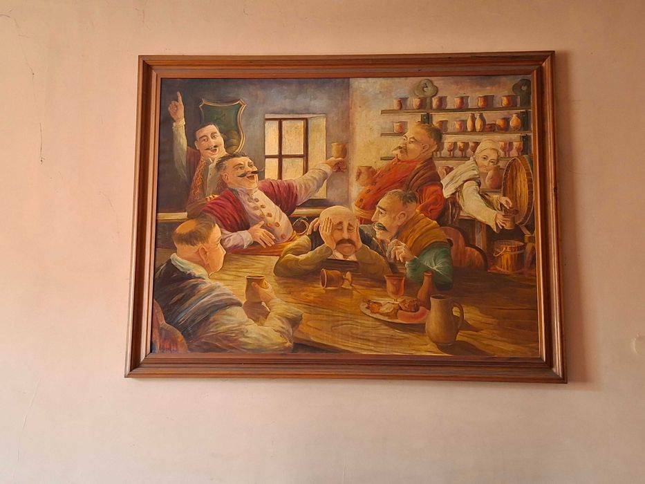 Duży obraz olejny/ E. Górski 1993 – scena biesiadna