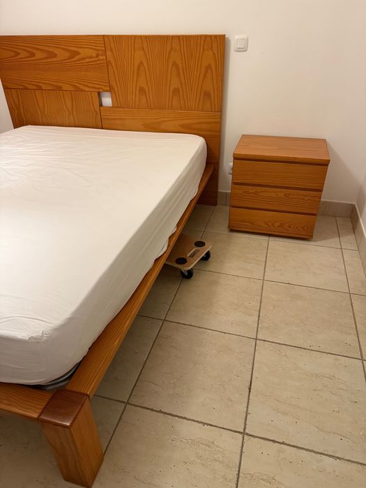 Wooden bed frame, headboard & mattress