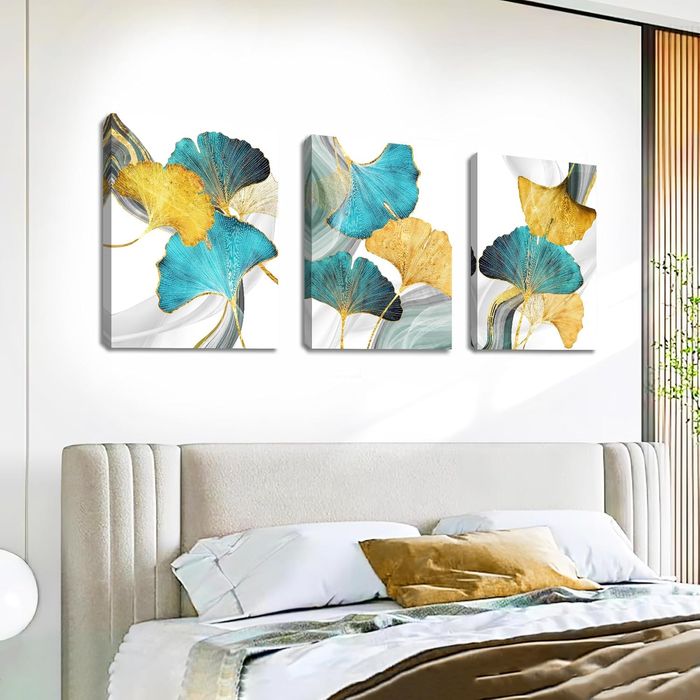 Obraz Ścienny Złote Liście Drewniana Rama 50x70 cm Zestaw 3 Sztuki