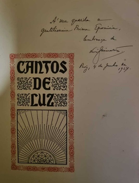 Cantos de Luz de Luis Guimarães Filho de 1919 com dedicatória e oferecido à sua prima em Paris