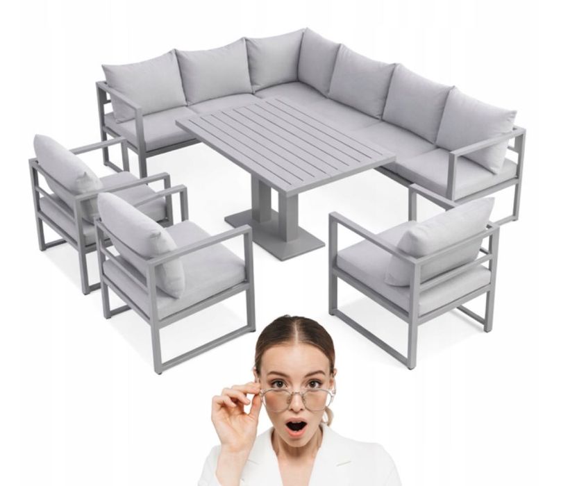 Meble ogrodowe STALOWE duży NAROŻNIK STÓŁ 3 FOTELE zestaw wypoczynkowy