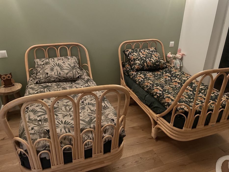 Łózko rattanowe dziecięce bohoswing komplet posciel materac