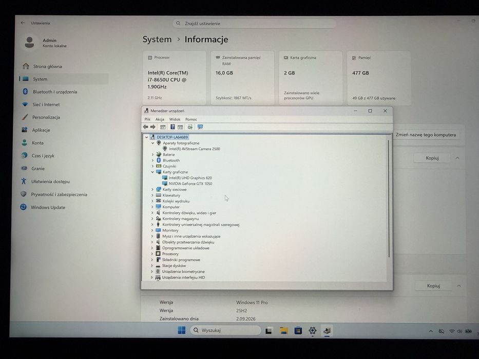 Laptop/tablet Microsoft Surface Book 2 Corei7/16GB RAM/512GB SSD/GeForce GTX1050/Win11Pro + stacja dokująca