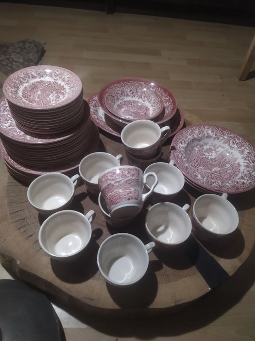 Zestaw porcelany EIT England – angielski transferware, różowy, vintage