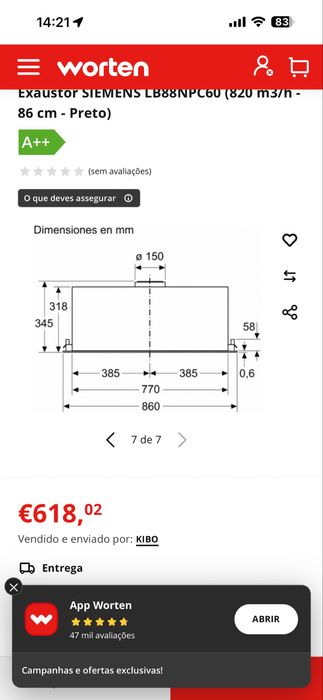 Exaustor SIEMENS LB88NPC60 (820 m3/h - 86 cm - Preto)