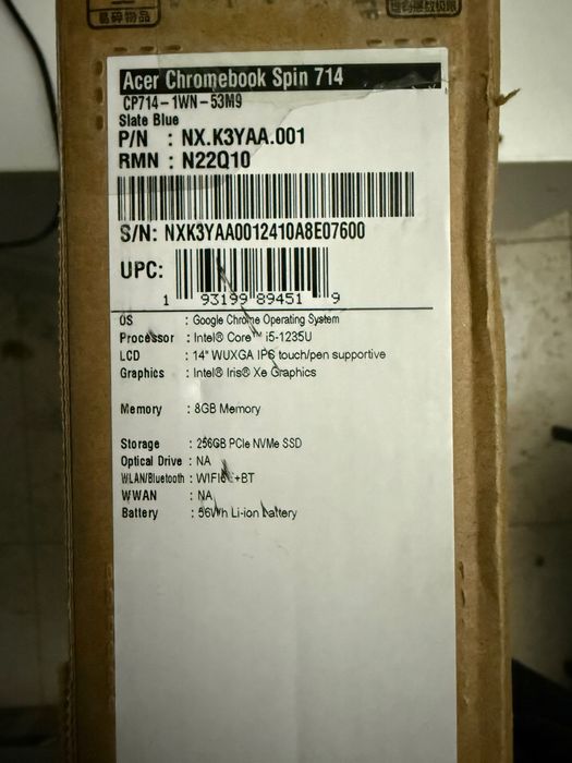 New Acer Chromebook Spin 714 i5-1235U / 8GB RAM / 256GB NVMe