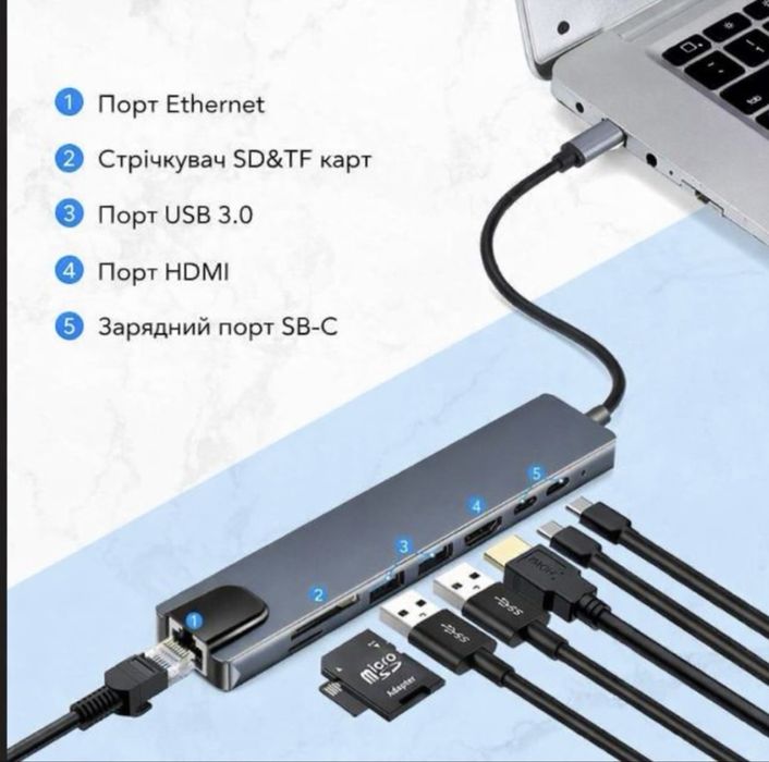 Концентратор Dellta 8-в-1 Туре С USB HUB to HDMI 4K