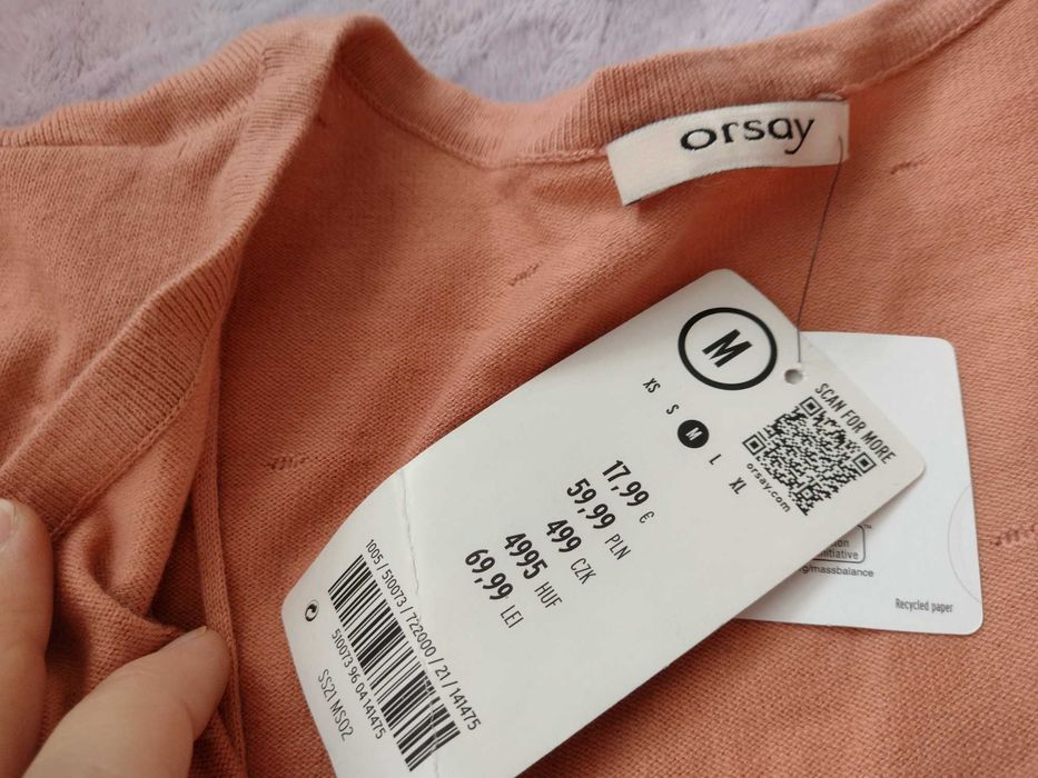 Nowy sweter uroczy z perełkami brzoskwiniowy Orsay M