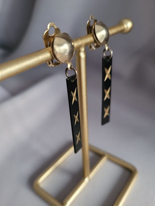 Klipsy wiszące czarne ze złotym vintage biżuteria sztuczna