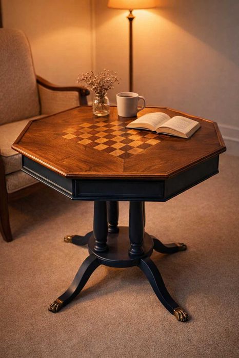 Mesa vintage restaurada xadrez embutido | design octogonal exclusivo