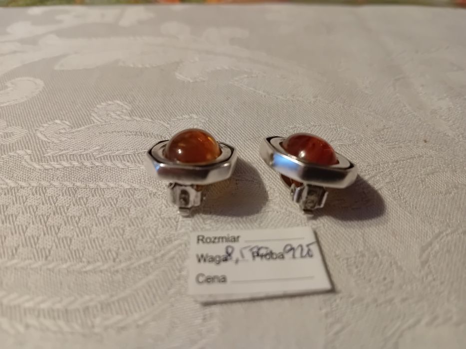 Klipsy srebrne z bursztynem lata 90.