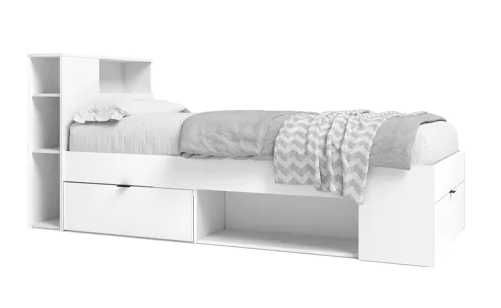 Cama de Solteiro Branca c/ Arrumação Integrada (Estante + Gavetão + Sapateira)