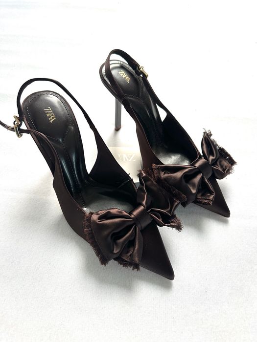 ZARA satynowe czółenka kokarda szpilki brązowe odkryta pięta NOWE 41