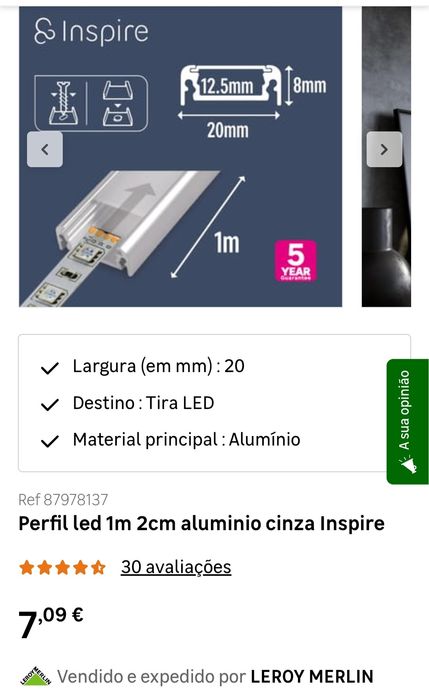 Perfil led 1m 2cm aluminio cinza Inspire