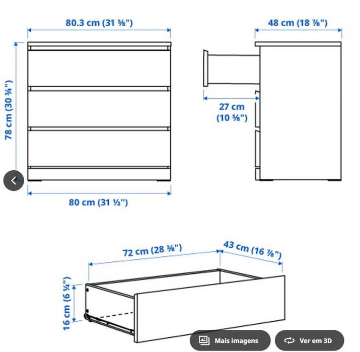 Móvel de gavetas MALM em bom estado