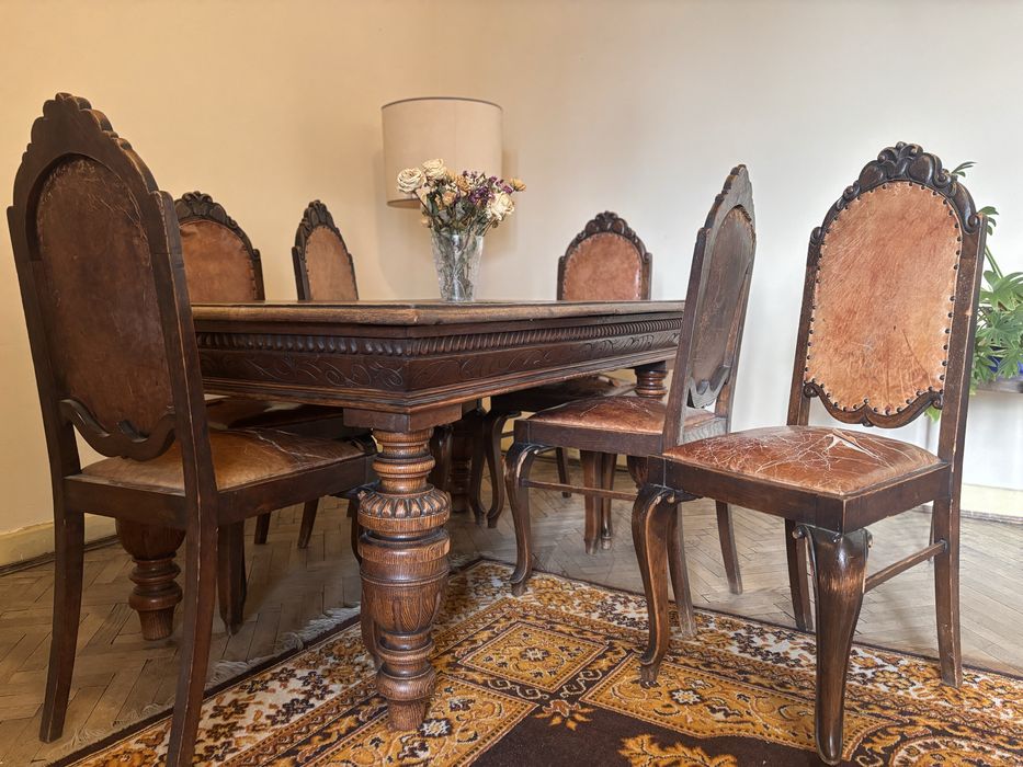 Komplet 6 unikatowych krzeseł dębowych antyk vintage retro lata 20