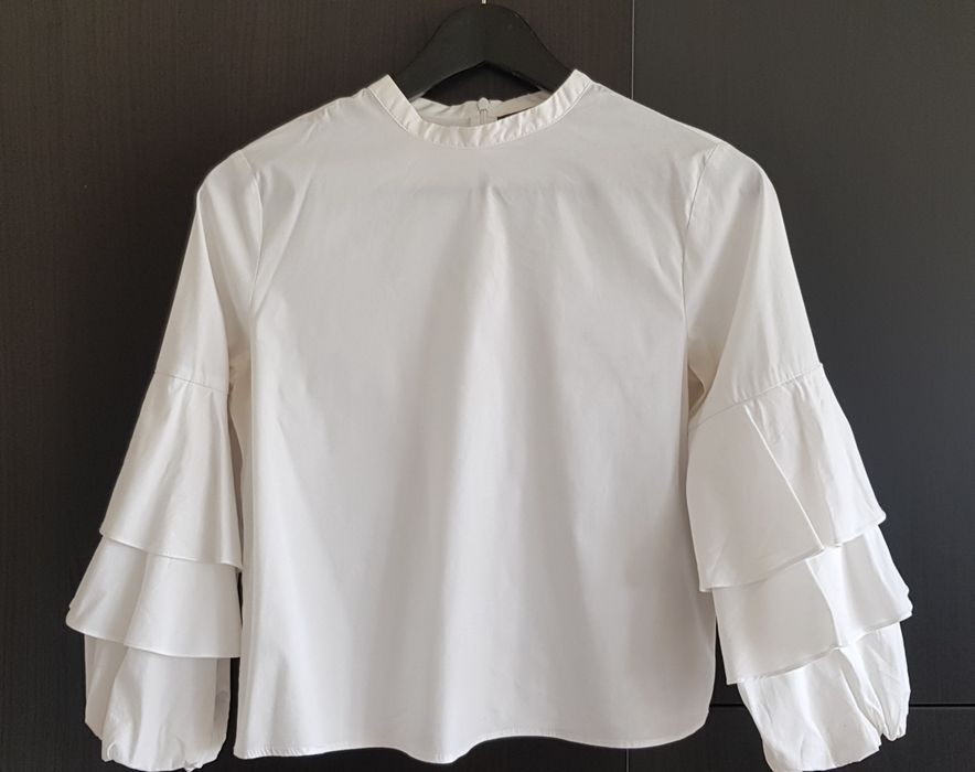 ZARA Basic szara bluzka falbanki koraliki perełki S gratis