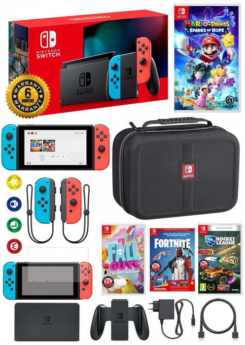 Nintendo SWITCH 32GB V2 Neon + 4 gry + walizka XL + szkło + GW6M Mario