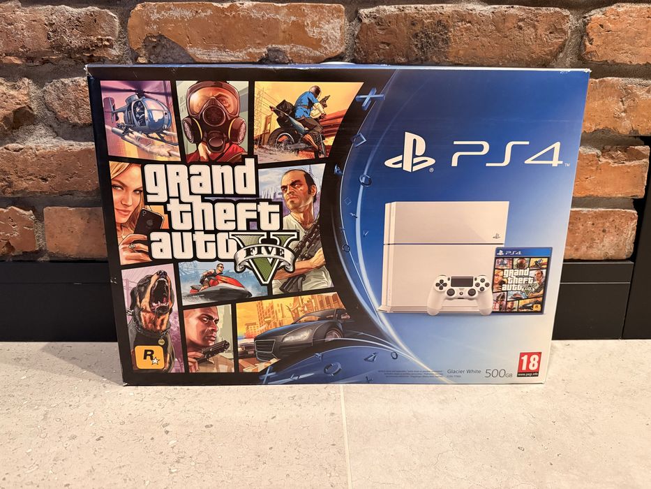 Playstation 4 / GTA 5 / 500GB / PS4 / CUH-1116A / 2 x Dualshock 4 / Biała - Glacier White / Idealna / Oryginalne opakowanie / Opcja: Seagate Dysk 2TB