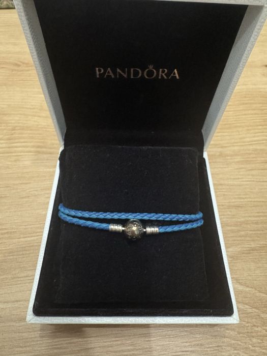 Bransoletka Pandora pleciona skórzana niebieska oryginał