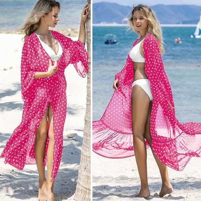 Damskie Pareo Zwiewna Sukienka Plażowa Maxi Tunika Uniwersalna Różowa