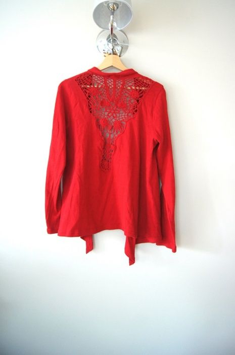 czerwony sweter kardigan z dlugim rekawem w koronke koronkowy 40 42 XL