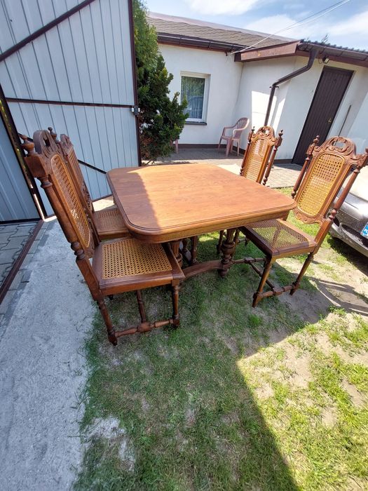 Stół rozkładany w Stylu Eklektycznym oryginalny+4.krz.z rafią antyk 55