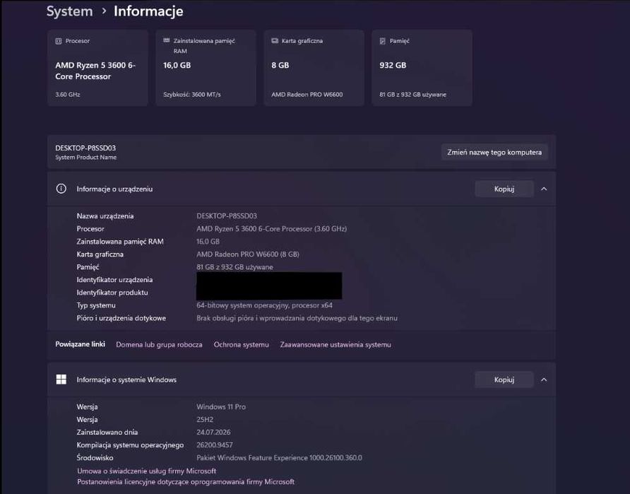 Komputer Ryzen 5 3600 | Radeon Pro W6600 8GB | 16GB RAM | SSD 1TB