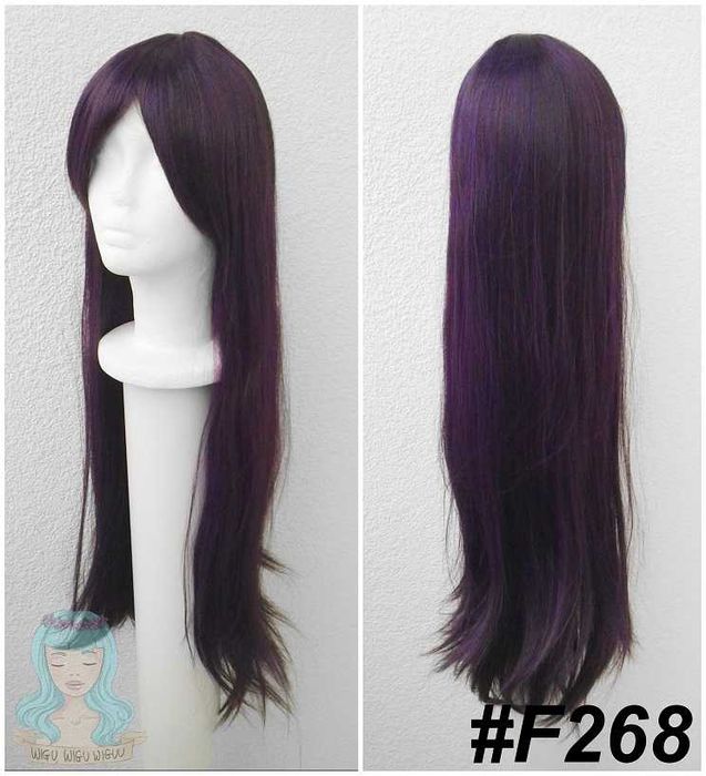 Długa prosta fioletowa ciemna peruka z grzywką cosplay fioletowy wig