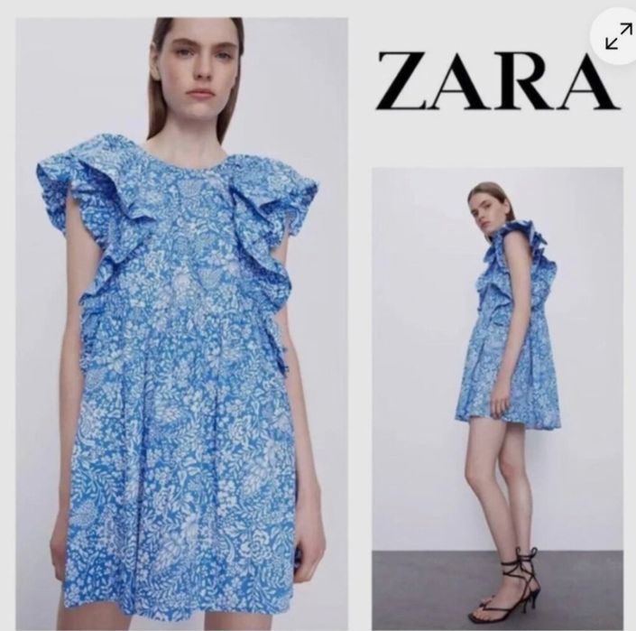 Плаття Zara міні, синє з білими квітами бавовна 100% розмір XS