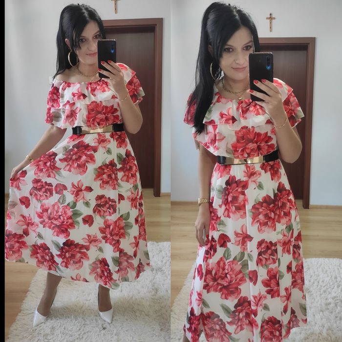 Sukienka MIDI w kwiaty Hiszpanka wesele komunia chrzciny