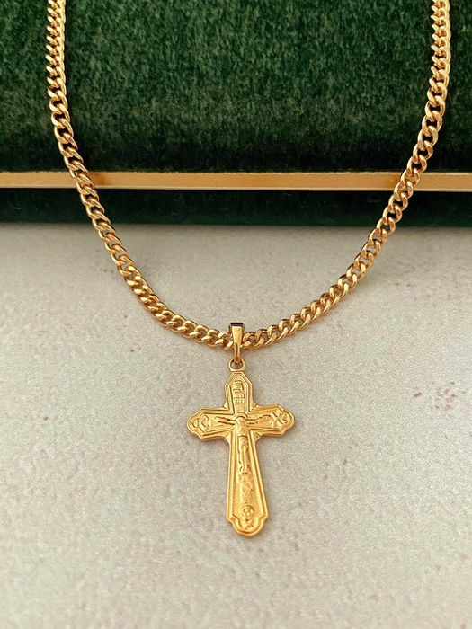 Позолочений Ланцюжок "Плетіння Вісімка" + Хрестик. Позолота. Цепочка