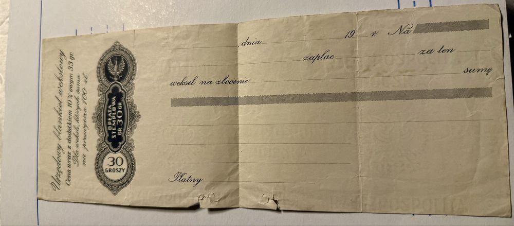 Weksel blankiet urzedow z okresu wojennego