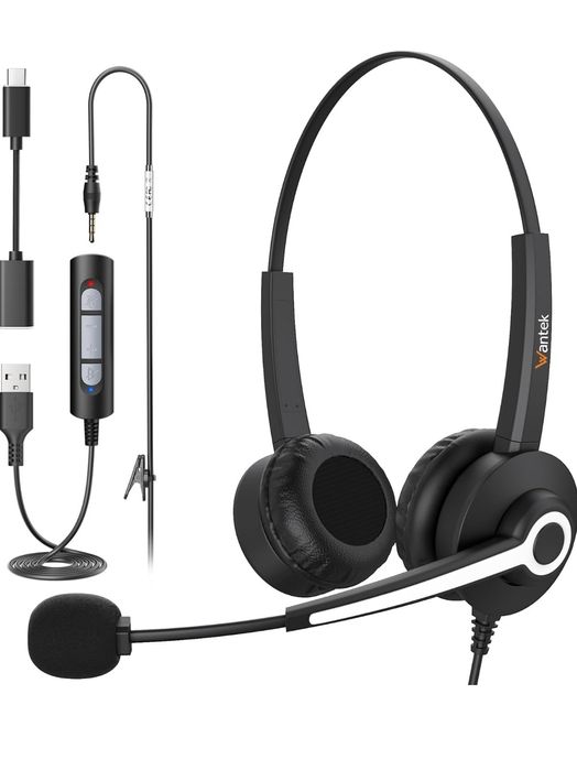 Wantek Słuchawki USB z mikrofonem do laptopa PC, USB + 3,5 mm + gniazd