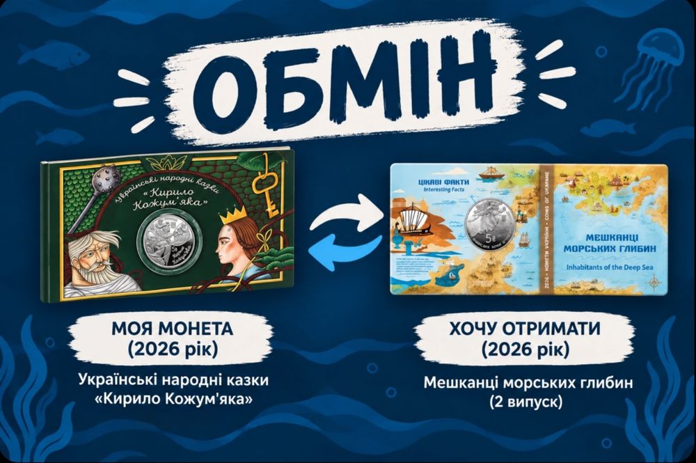 Обмін монета " Кирило Кожум'яка" 2026р. у сувенірному пакуванні  на "Мешканці морських глибин" 2026р. у сувенірному пакуванні.