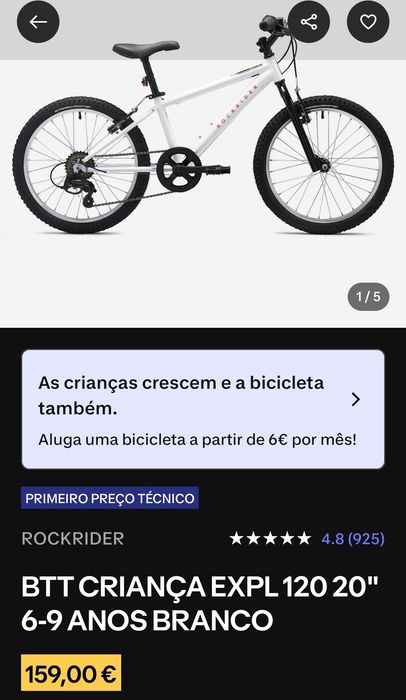 Bicicleta BTT criança Decathlon 20" branco
