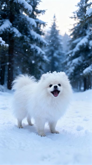 Śliczny biały piesek Pomeranian Szpic Miniaturowy