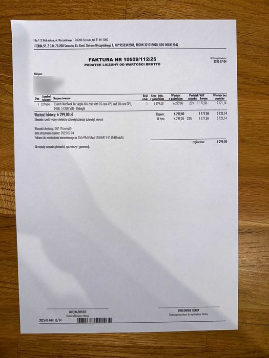 MacBook Air 13" M4 24GB/512GB czarny + etui + FV 23% - IDEALNY