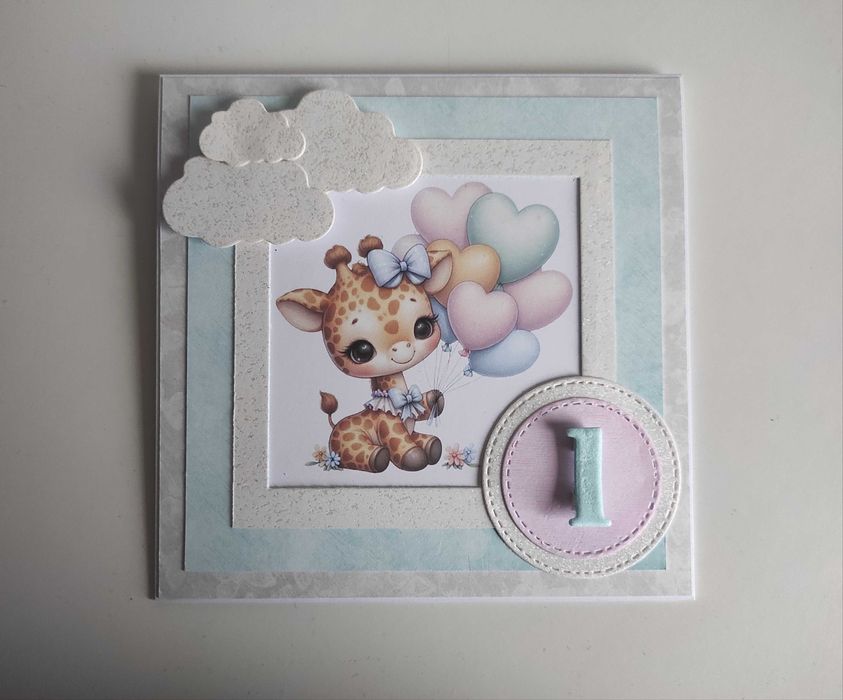 Kartka urodzinowa ręcznie robiona roczek, urodziny żyrafa