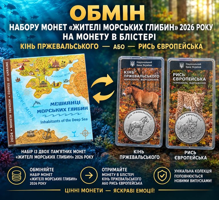 Обміняю набір монет "Мешканці морських глибин" 2026р
