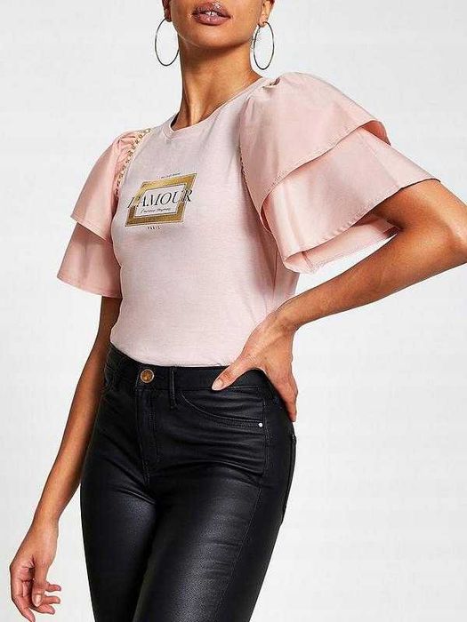 Bluzka River Island różowa z nadrukiem bufiaste rękawy r. 34/36